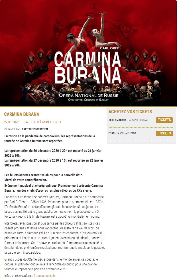 Page Internet. Cirque Royal. Carmina Burana - Orchestre, Chœurs et Ballet. 2022-01-21